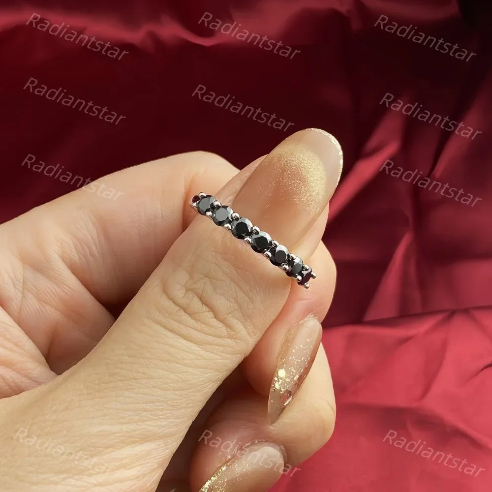 NEW Certified 3mm Black Moissanite 7 Stone Half Eternity Band Ring